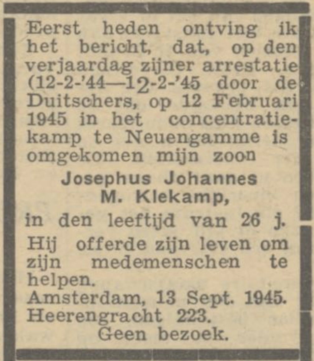 Jesephus Klekamp, overlijdensadvertentie, OGS